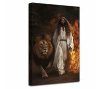 LZIMU Jesus and Lion Wall Art Christian Lion of Judah Picture Religious Spiritual Inspirational Painting Christ God Flame Burning Canvas Print Home Decor (Brown, (45L x 30W cm))