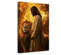 LZIMU Jesus and Lion Wall Art Christian Lion of Judah Picture Religious Spiritual Inspirational Painting Christ God Flame Burning Canvas Print Home Decor (Yellow, (75L x 50W cm))