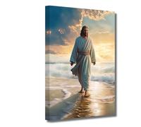LZIMU Jesus Canvas Wall Art Jesus Walking on the Beach Picture Prints God Posters Catholic Artwork for Spiritual Room Bedroom Home Decor Framed (Jesus-3, 16.00"x24.00")
