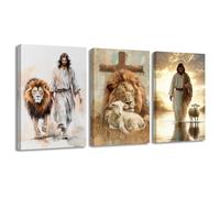 LZIMU Jesus Picture for Wall Christian Canvas Wall Art Set of 3 Christian Lion and Lamb Painting Prints Religious Artwork Home Decor Framed (Brown, (30.00 x 40.00 cms x 3PCS))