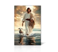 LZIMU Jesus Picture for Wall Christian Wall Art Jesus Walks on Water Canvas Prints Christ Saves The Lost Lamb Painting God Poster for Office Decor Framed (Brown, 70.00 x 105.00 cms)