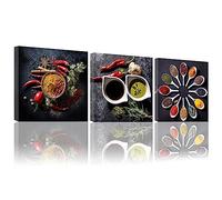 LZIMU Kitchen Canvas Wall Art 3 Pieces Colorful Spice Pepper Rosemary in Spoon Picture Print Modern Artwork for Dining Room Restaurant Decoration Frame (Kitchen-1, 12"x12"x3P)