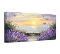 LZIMU Large Coastal Beach Sunset Wall Art Purple Lavender Picture Rustic Floral Butterfly Canvas Print Vintage Wildflower Seascape Painting Living Room Bathroom Decor (40L x 80W cm)