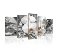 LZIMU Large Flowers Canvas Wall Art 5 Pieces White Orchid Picture Prints Abstract Floral Painting Framed Artwork for Home Bathroom Decor (Black, 8"x14"x2 8"x18"x2 8"x22"x1)