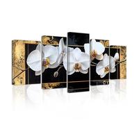 LZIMU Large Flowers Canvas Wall Art 5 Pieces White Orchid Picture Prints Abstract Floral Painting Framed Artwork for Home Bathroom Decor (Gold, 16"x24"x2 16"x32"x2 16"x40"x1)