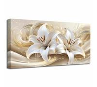 LZIMU Large Lily Flower Wall Art Abstract White Gold Floral Picture Elegant Blooming Canvas Print Modern Luxury Beige Painting Living Room Bedroom Office Decor (White, (45L x 90W cm))