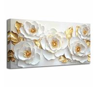 LZIMU Large White Gold Flower Wall Art Abstract Floral Picture Elegant Peony Blooming Canvas Print Modern Luxury Leaves Painting Living Room Bedroom Office Decor (Gold, (30L x 60W cm))