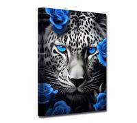 LZIMU Leopard Canvas Wall Art Blue Roses Wall Decor Leopard Portrait Picture Prints Abstract Animal Poster Wildlife Painting Wall Decor for Office (Animal-2, 28.00"x42.00")