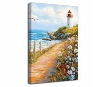 LZIMU Lighthouse Canvas Wall Art Nautical Bathroom Pictures Prints Seagull Sailboat Paintings Vintage Rustic Wildflowers Poster Coastal Beach Seascape Artwork Decor (Green, (45L x 30W cm))