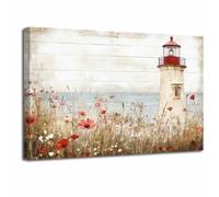 LZIMU Lighthouse Canvas Wall Art Nautical Bathroom Pictures Prints Seagull Sailboat Paintings Vintage Rustic Wildflowers Poster Coastal Beach Seascape Artwork Decor (Red, (45L x 30W cm))