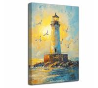 LZIMU Lighthouse Canvas Wall Art Nautical Bathroom Pictures Prints Seagull Sailboat Paintings Vintage Rustic Wildflowers Poster Coastal Beach Seascape Artwork Decor (Yellow, (50L x 40W cm))