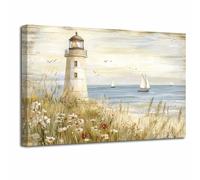 LZIMU Lighthouse Canvas Wall Art Nautical Bathroom Pictures Prints Seagull Sailboat Paintings Vintage Rustic Wildflowers Poster Coastal Beach Seascape Artwork Decor (Gray, (50L x 40W cm))