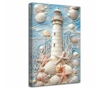LZIMU Lighthouse Canvas Wall Art Nautical Bathroom Pictures Prints Seashell Starfish Paintings Rustic Marine Life Poster Coastal Beach Seascape Artwork Decor (75L x 50W cm)