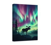 LZIMU Moose Canvas Wall Art Northern Lights Picture Wall Decor Aurora Borealis Wild Animal Deer Poster Prints Aurora Scenery Painting Home Decor (Green, 12.00"x18.00")