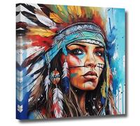 LZIMU Native American Canvas Wall Art Indian Girl Headdress Feathered Picture Prints Vintage Colorful Woman Artwork Home Decor Framed (18"x18")