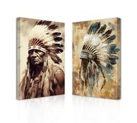 LZIMU Native American Wall Art 2 Pieces Indian Chief with Feathered Headdress Picture Prints Vintage Tribal Theme Painting Southwest Artwork Indian Wall Decor Framed (Brown, 40.00 x 60.00 cms x 2PCS)
