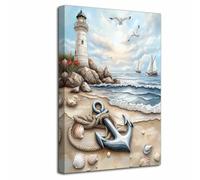 LZIMU Nautical Canvas Wall Art Beach Anchor Pictures Prints Coastal Lighthouse Paintings Seascape Poster Vintage Ocean Theme Artwork Rustic Bathroom Decor (Blue, (75L x 50W cm))