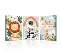 LZIMU Nursery Animal Canvas Wall Art 3 Pieces Cute Animal Baby Picture Prints Woodland Nursery Painting for Kids Boy Girls Room Decor Framed (Beige, 11x14inchx3 Pieces)