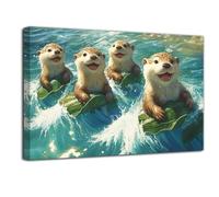 LZIMU Otter Wall Art Blue Bathroom Decor Four Sea Otters in Water Picture Prints Cute Animal Poster Modern Wildlife Canvas Paintings for Kids Room Nursery Framed (18L x 12W)