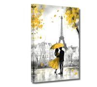 LZIMU Paris Canvas Wall Art Black and Yellow Couple with Umbrella Picture Eiffel Tower Oil Painting Prints Romantic Modern Artwork for Girls Room Decor Framed (Paris-2, 11"x14")