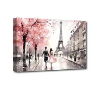 LZIMU Paris Effiel Tower Canvas Wall Art Black White and Pink Couple with Umbrella on Fancy Paris Street Scenery Painting Prints Romantic Artwork (Paris-2, 16"x24" (40.00 x 60.00 cms))