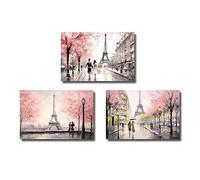 LZIMU Paris Effiel Tower Wall Art 3 PCS Black White and Pink Couple with Umbrella on Fancy Paris Street Scenery Painting Romantic Artwork
