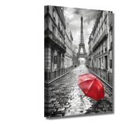 LZIMU Paris Eiffel Tower Wall Art Red Umbrella in the Paris Street Painting Eiffel Tower Canvas Prints Black and White Landscape Home Decor (Red, (16.00" x 24.00"))