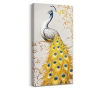 LZIMU Peacock Canvas Wall Art Gold and Blue Feather Paintings Elegant Bird Pictures Wall Decor Vintage Animal Prints Artwork for Bedroom Living Room Framed (Gold, (30.00 x 60.00 cms))