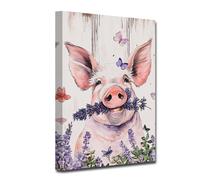 LZIMU Pig Wall Art Funny Pig with Lavender and Butterflies Canvas Prints Rustic Farm Animal Pictures Wall Decor for Farmhouse Kitchen Bathroom Framed (Pig-2, 16.00"x24.00")