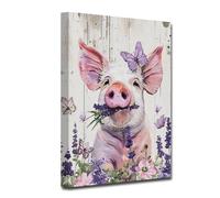 LZIMU Pig Wall Art Funny Pig with Lavender and Butterflies Canvas Prints Rustic Farm Animal Pictures Wall Decor for Farmhouse Kitchen Bathroom Framed (Pig-1, 12.00"x18.00")