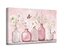 LZIMU Pink Bathroom Wall Art White Flower Wall Decor Floral Bouquet in Glass Vase Canvas Print Butterfly Picture Painting Botanical Poster Rustic Farmhouse Artwork (Pink, (40L x 50W cm))