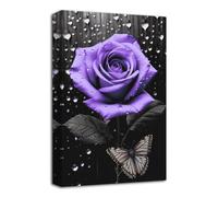 LZIMU Rose Wall Art Bathroom Decor Black And White Purple Floral with Butterfly Painting Prints Abstract Rose Flowers Picture for Farmhouse Decor Framed (Floral-3, 16.00"x24.00")