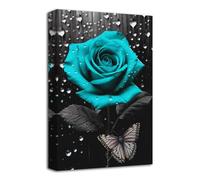 LZIMU Rose Wall Art Bathroom Decor Black And White Teal Floral with Butterfly Painting Prints Abstract Rose Flowers Picture for Farmhouse Decor Framed (Floral-4, 12.00"x18.00")