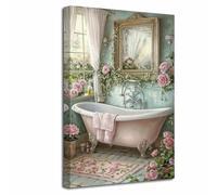 LZIMU Rustic Bathroom Canvas Wall Art Vintage Bathtub with Pink Floral Pictures Prints Coastal Window Paintings Bathroom Plants Green Leaf Poster Toilet Restroom Decor (Pink, (45L x 30W cm))