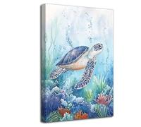 LZIMU Sea Turtle Bathroom Wall Art Coastal Theme Picture Poster Nautical Coral Waterproof Canvas Print Ocean Marine Life Painting Living Room Bedroom Decor (Teal, (45L x 30W cm))