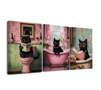 LZIMU Set of 3 Black Cat Bathroom Pictures Wall Art Funny Cat on Toilet Painting Cute Animal in Bathtub Canvas Prints Vintage Poster for Restroom Decor Framed (Pink, (11x14inchx3 Pieces))