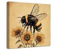 LZIMU Sunflower Wall Art Bee Pictures Kitchen Decor Rustic Farmhouse Animal Painting Yellow Flower Canvas Prints Vintage Country Wildflower Poster Bathroom Kids Room (18L x 18W)