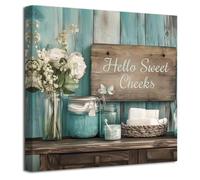 LZIMU Teal Bathroom Pictures Wall Art Rustic Bathroom Decor Farmhouse Quote Signs Canvas Prints Flower Poster Painting Funny Toilet Decor Framed (Teal, (18L x 18W))