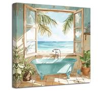 LZIMU Teal Bathroom Wall Art Blue Bathtub Picture Coastal Windows Painting Ocean Beach Turquoise Canvas Print Rustic Palm Trees Poster Sea View Artwork Home Decor (Green, (60L x 60W cm))
