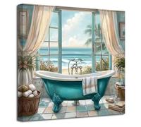 LZIMU Teal Bathroom Wall Art Blue Bathtub Picture Coastal Windows Painting Ocean Beach Turquoise Canvas Print Rustic Palm Trees Poster Sea View Artwork Home Decor (Teal, (70L x 70W cm))