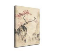 LZIMU Traditional Chinese Canvas Wall Art Plum Blossom Branches with Birds Canvas Prints Oriental Floral Landscape Picture Ink Wash Painting for Tea Room Framed (Black, 24" L x 16" W)