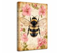 LZIMU Vintage Bee Floral Canvas Wall Art Rustic Bumble Picture Prints Honey Painting Funny Insect Poster Nature Botanical Artwork for Kitchen Farmhouse Decor (Pink, (75L x 50W cm))