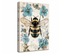 LZIMU Vintage Bee Floral Canvas Wall Art Rustic Bumble Picture Prints Honey Painting Funny Insect Poster Nature Botanical Artwork for Kitchen Farmhouse Decor (Teal, (45L x 30W cm))