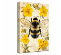 LZIMU Vintage Bee Floral Canvas Wall Art Rustic Bumble Picture Prints Honey Painting Funny Insect Poster Nature Botanical Artwork for Kitchen Farmhouse Decor (Yellow, (50L x 40W cm))