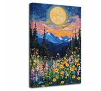 LZIMU Vintage Full Moon Canvas Wall Art Midnight Star Wildflowers Pictures Prints Mystical Dark Forest Tree Mountains Paintings Abstract Woodland Artwork Rustic Decor (Purple, (45L x 30W cm))