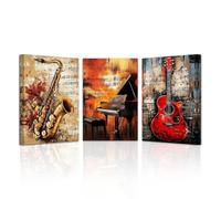 LZIMU Vintage Music Wall Art Music Studio Wall Decor Framed 3 Pieces Guitar Piano Saxophone Pictures Jazz Canvas Prints Musical Instruments Painting (16x24inchx3 Pieces)