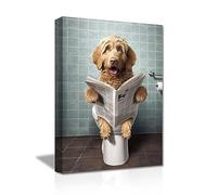 LZIMU Wall Art - Cute Dog Sitting on Toilet Reading Newspaper Canvas Prints - Funny Animals Bathroom Pictures Decor Framed (12"x18" / 30x45 cm)