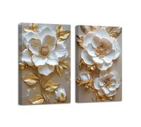 LZIMU White and Gold Flower Canvas Wall Art Elegant Golden Floral Leaves Painting Prints Abstract Floral Pictures Wall Decor for Living Room Framed (12x16inchx2 Pieces)