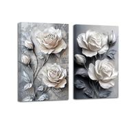 LZIMU White Rose Picture Wall Art 2 Panel Elegant Rose Floral Canvas Prints Abstract Blooming Flowers Painting for Bedroom Bathroom Decor Framed (20x30inchx2 Pieces)