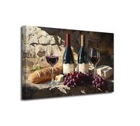 LZIMU Wine Wall Art Kitchen Picture Wall Decor Vintage Red Wine Cheese Bread Grapes Canvas Prints French Country Rustic Paintings for Dining Room Framed (Black, 12" L x 18" W)